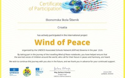 Stigao certifikat za sudjelovanje Ekonomske škole Šibenik u projektu Wind of Peace